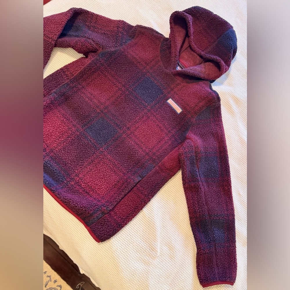 VINEYARD VINES Stillwater Sherpa Hoodie Red Navy Plaid Hooded Fleece Sweatshirt - Picture 4 of 14